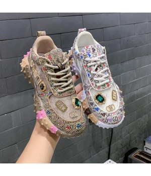 Low top rhinestone casual shoes New flat bottom diamond inlaid daddy shoes Women's breathable flash drill casual sneakers