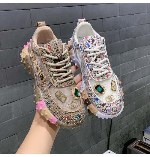 Low top rhinestone casual shoes New flat bottom diamond inlaid daddy shoes Women's breathable flash drill casual sneakers